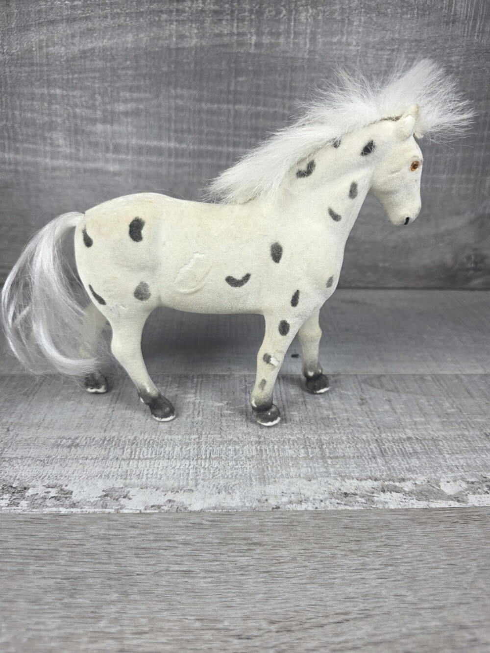 Vtg Flocked Horse Figure White Black Spot Appaloosa 6" Figurine Toy b149